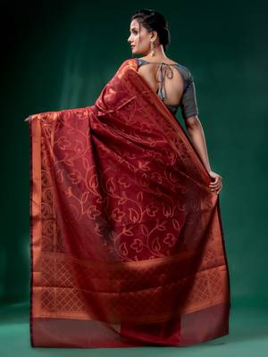 Dark Red Cotton Silk saree with woven design 5