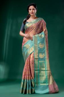 Light Pink Organza Kanjivaram handwoven soft saree  with zari border