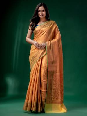 Yellow Blended Silk Brocade handwoven soft saree 1