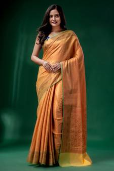 Yellow Blended Silk Brocade handwoven soft saree
