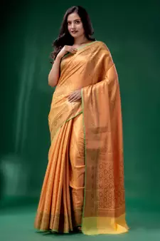 Yellow Blended Silk Brocade handwoven soft saree