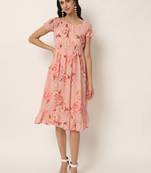 Beautiful Pink Colour Floral Print Midi Dress For Party Girls