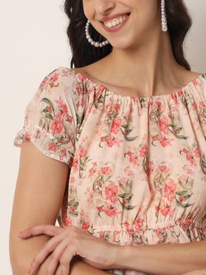 Beautiful Peach Colour Floral Print Midi Dress For Party Girls 3