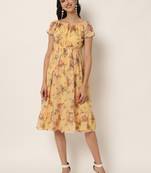 Beautiful Yellow Colour Floral Print Midi Dress For Party Girls