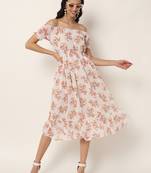 Beautiful Off White Colour Floral Print Midi Dress For Party Girls