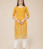 Yellow Colour Casual Looks Thread Embroidery Chinon Fabric Ethnic Kurti
