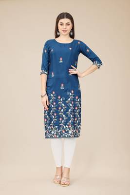 Blue Colour Casual Looks Thread Embroidery Chinon Fabric Ethnic Kurti 1