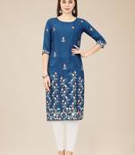 Blue Colour Casual Looks Thread Embroidery Chinon Fabric Ethnic Kurti