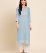 Sky Blue Colour Cotton Kurti With Smart Thread Work Embroidery Work