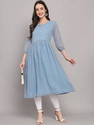 Smart Grey Wevon Thousand Butti Designer Girlish Kurti In Gergette Fabric 1