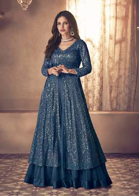 teal georgette sequin embroidered anarkali suit 1