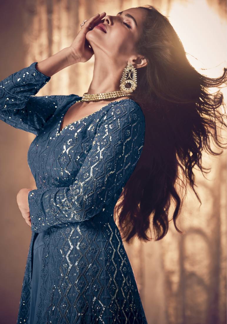 Morpeach Georgette Embroidery Anarkali Kurta Pant with Dupatta Salwar Suit 3 Piece Set