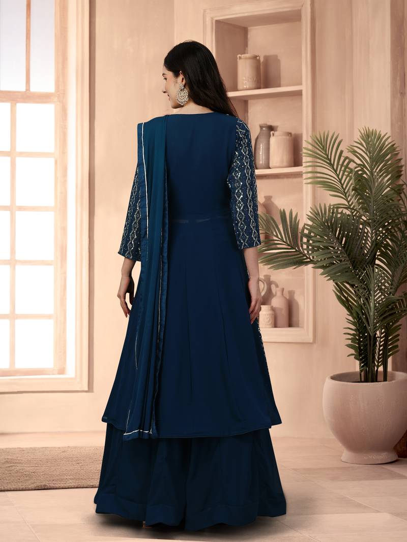 Morpeach Georgette Embroidery Anarkali Kurta Pant with Dupatta Salwar Suit 3 Piece Set