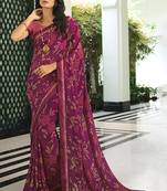 Wine Georgette Printed Saree With Work Lace Border