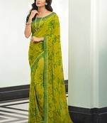 Parrot Georgette Printed Saree With Work Lace Border