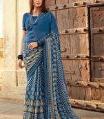 Blue Smart Printed Saree With Work Lace Border For Ethnic Looks In Georgette c