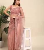 Dazzling Smart Peach Colour Fancy Thread Embroidery Partywear Saree On Net