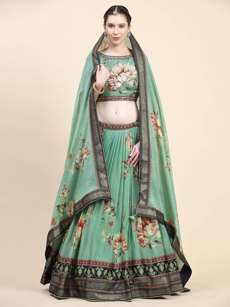 Multi Colour Embroidered Silk Traditional Lehnga Choli with Blouse Free Size