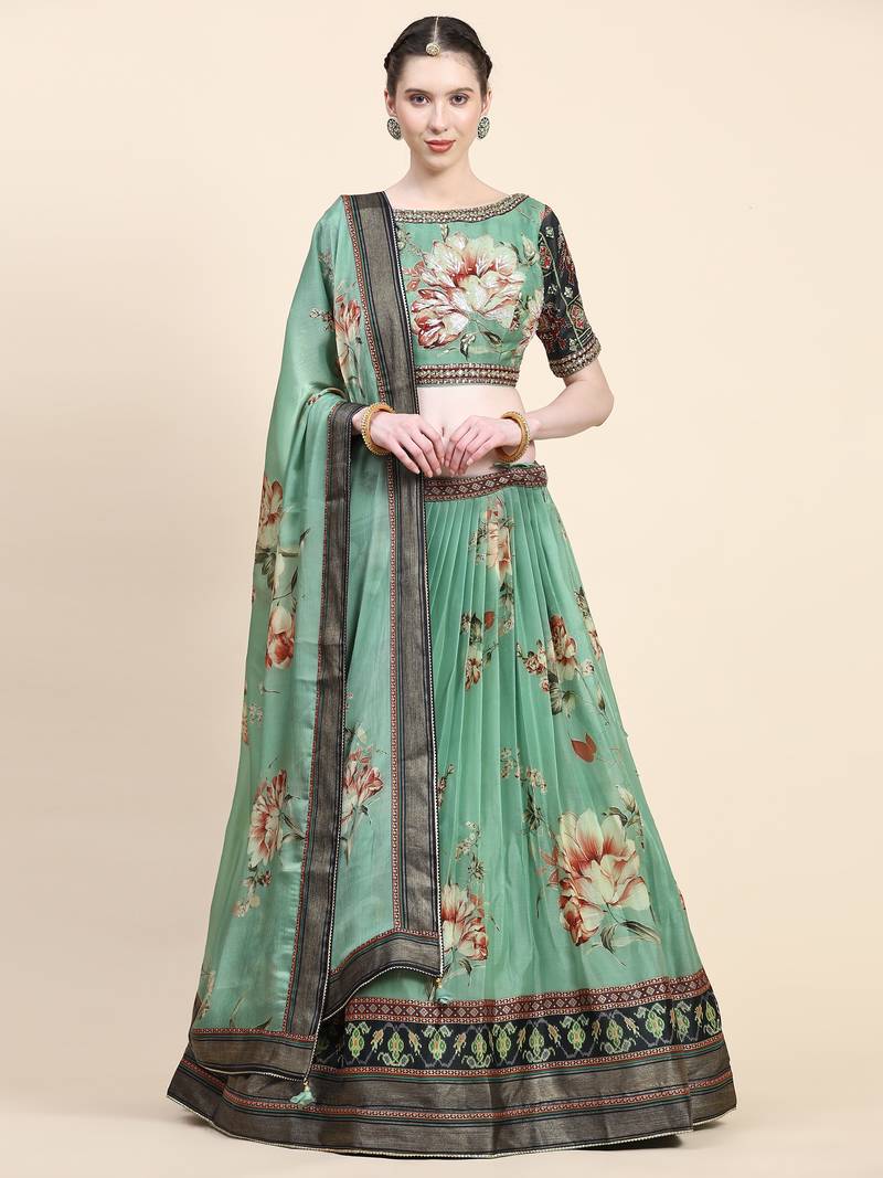 Multi Colour Embroidered Silk Traditional Lehnga Choli with Blouse Free Size