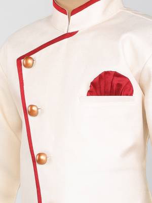 ANAN Beige Plain Blended Cotton Kids Sherwani & Dhoti 5