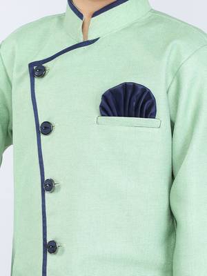ANAN Green Plain Blended Cotton Kids Sherwani & Dhoti 5