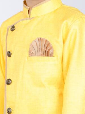 ANAN Yellow Plain Blended Cotton Kids Sherwani & Dhoti 5