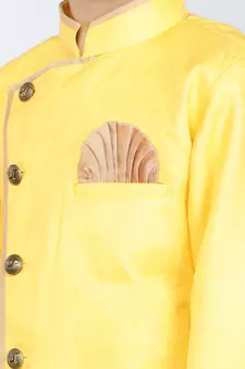 ANAN Yellow Plain Blended Cotton Kids Sherwani & Dhoti