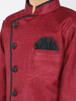 ANAN Maroon Plain Blended Cotton Kids Sherwani & Dhoti 5