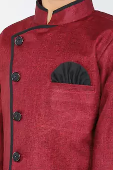ANAN Maroon Plain Blended Cotton Kids Sherwani & Dhoti