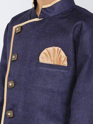 ANAN  Blue Plain Blended Cotton Kids Sherwani & Dhoti 5