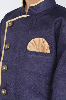 ANAN  Blue Plain Blended Cotton Kids Sherwani & Dhoti