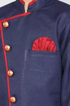 ANAN Blue Plain Blended Cotton Kids Sherwani & Dhoti