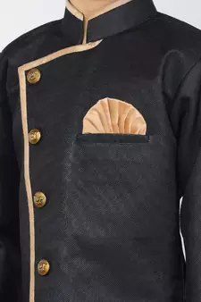 ANAN  Black Plain Blended Cotton Kids Sherwani & Dhoti