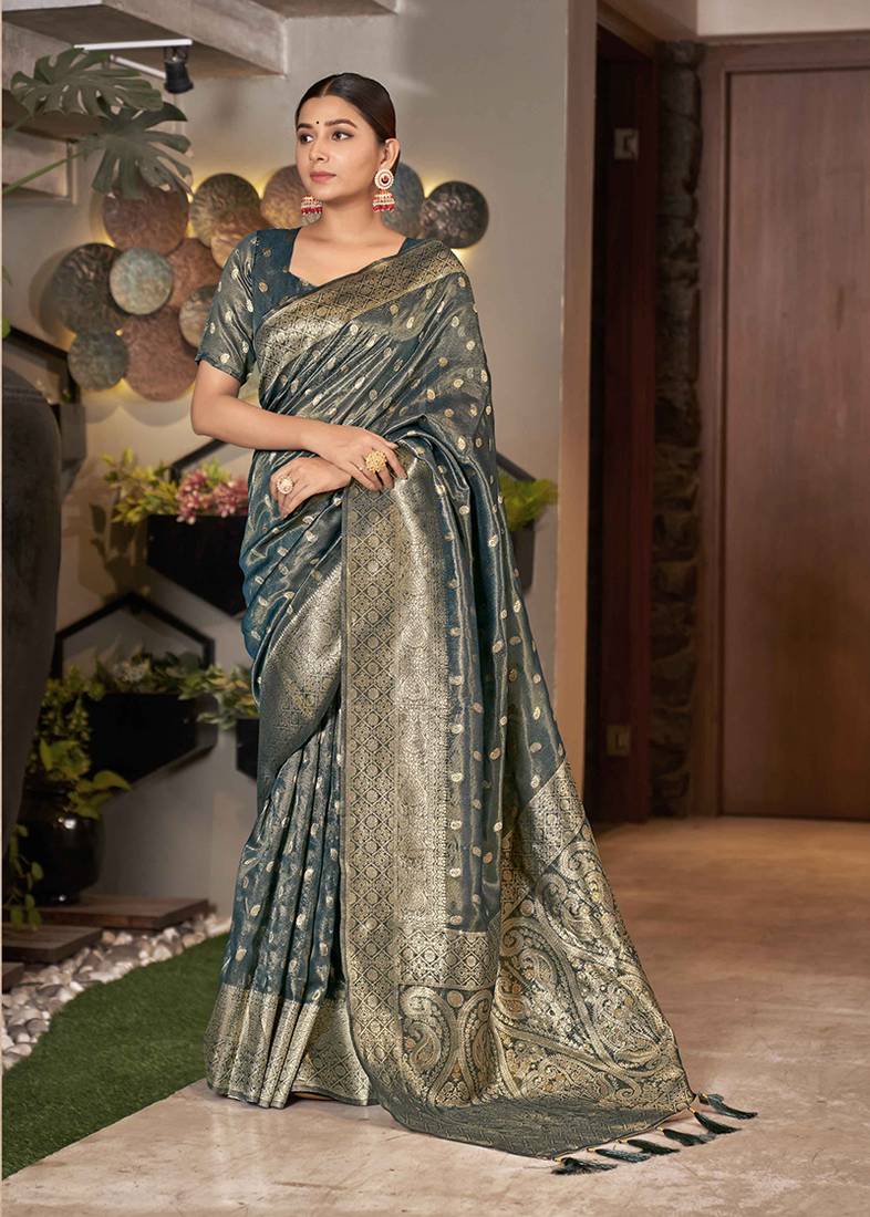 Grey woven silk saree with blouse