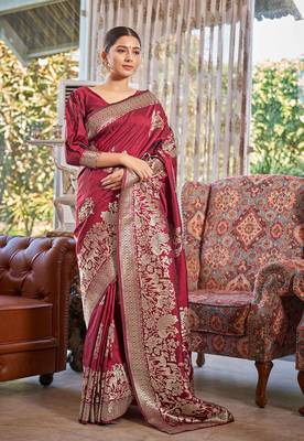 Pink Woven Banarasi silk blend Saree With Blouse 1