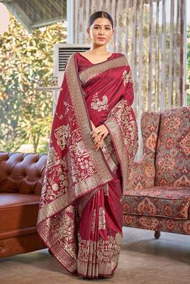 Pink Woven Banarasi silk blend Saree With Blouse 2