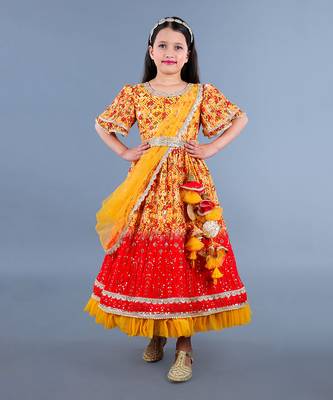 Yellow And Red Printed Lace Detailing Anarkali Set 1