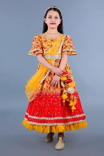 Yellow And Red Printed Lace Detailing Anarkali Set