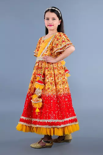 Yellow And Red Printed Lace Detailing Anarkali Set