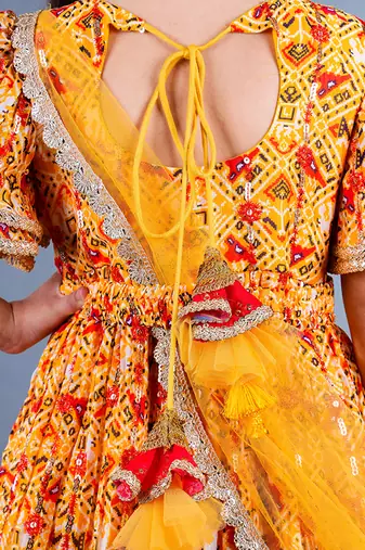 Yellow And Red Printed Lace Detailing Anarkali Set