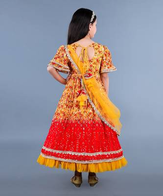 Yellow And Red Printed Lace Detailing Anarkali Set 5