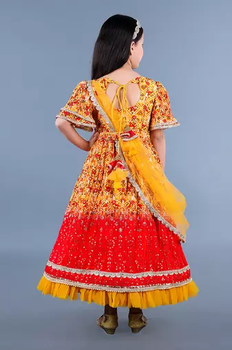 Yellow And Red Printed Lace Detailing Anarkali Set