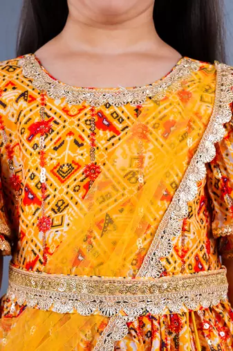 Yellow And Red Printed Lace Detailing Anarkali Set