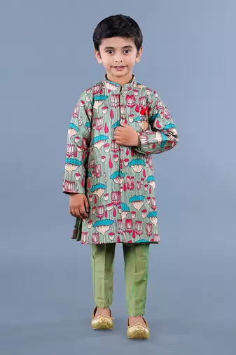 Multi Color Lotus Print Sherwani Kurta Set