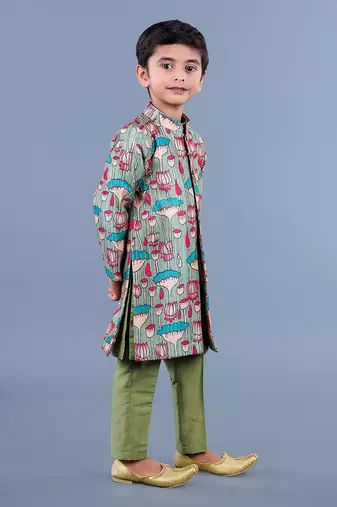 Multi Color Lotus Print Sherwani Kurta Set