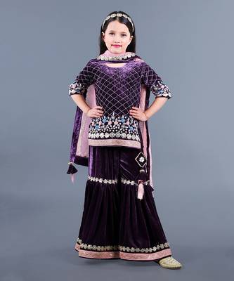 Wine Embroidered Velvet Sharara Set 1