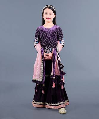 Wine Embroidered Velvet Sharara Set 2