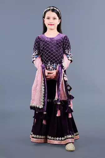 Wine Embroidered Velvet Sharara Set