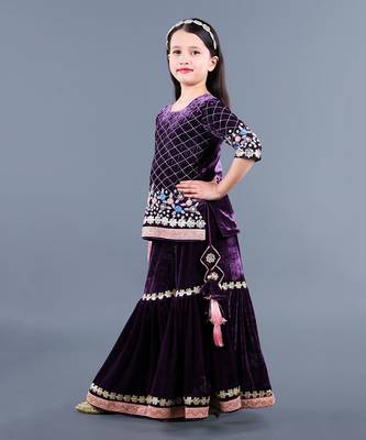 Wine Embroidered Velvet Sharara Set 3
