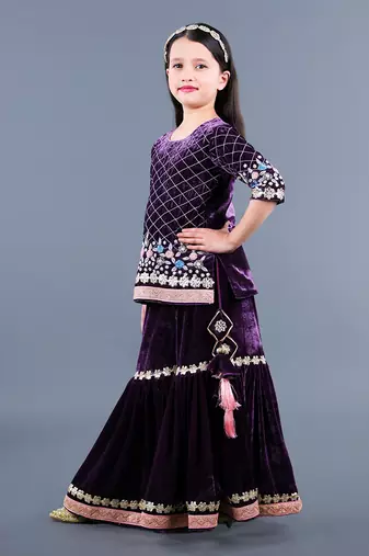 Wine Embroidered Velvet Sharara Set